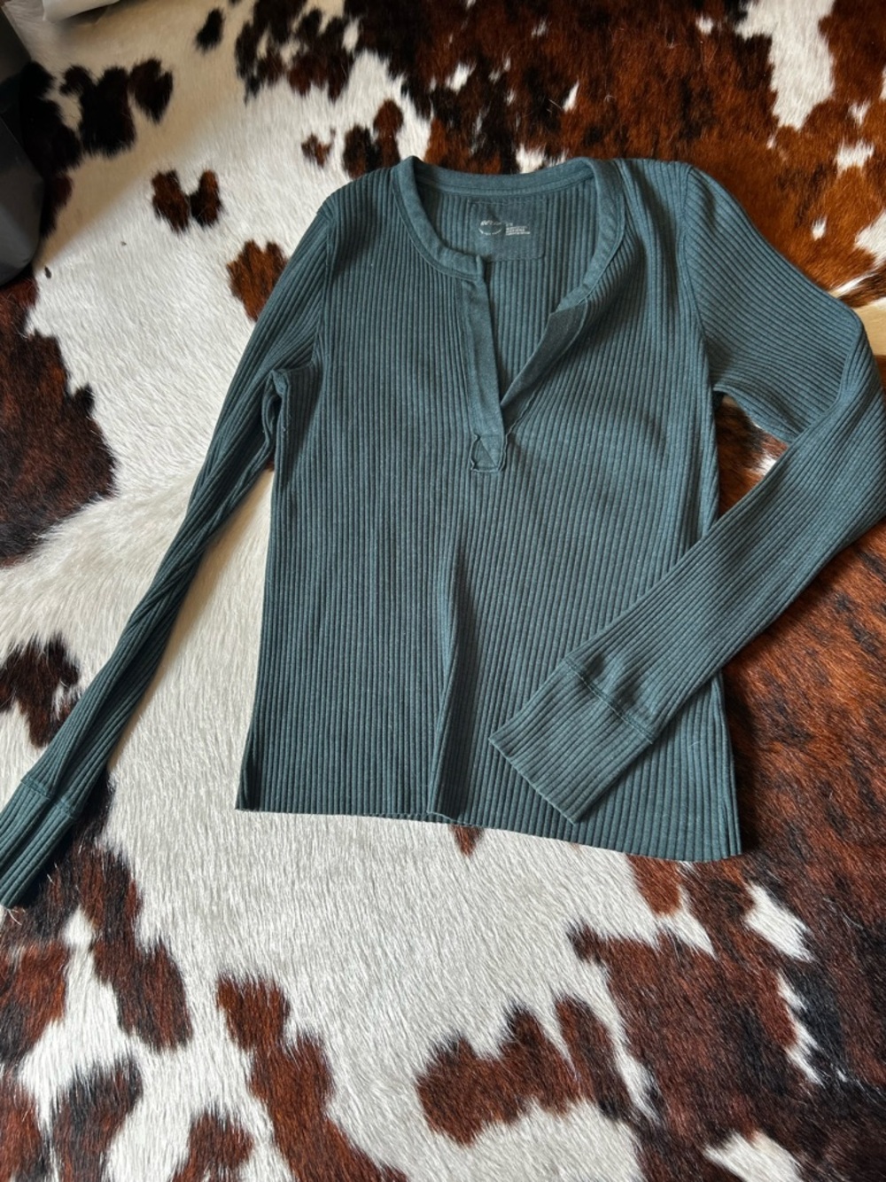 🌷 aerie Ribbed Long-Sleeve Henley Top - Teal Green